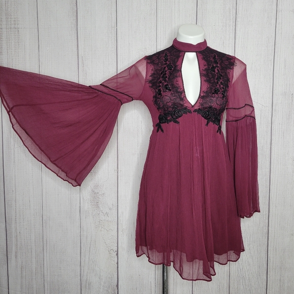 Free People Dresses & Skirts - Free People Sheer Bell Sleeve Mini Dress w/ Sequins and Embroidery, size Small